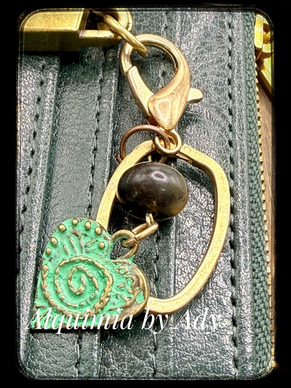 Tiger’s eye Green patina Heart Key & Card Holder Charm with old Gold Hardware